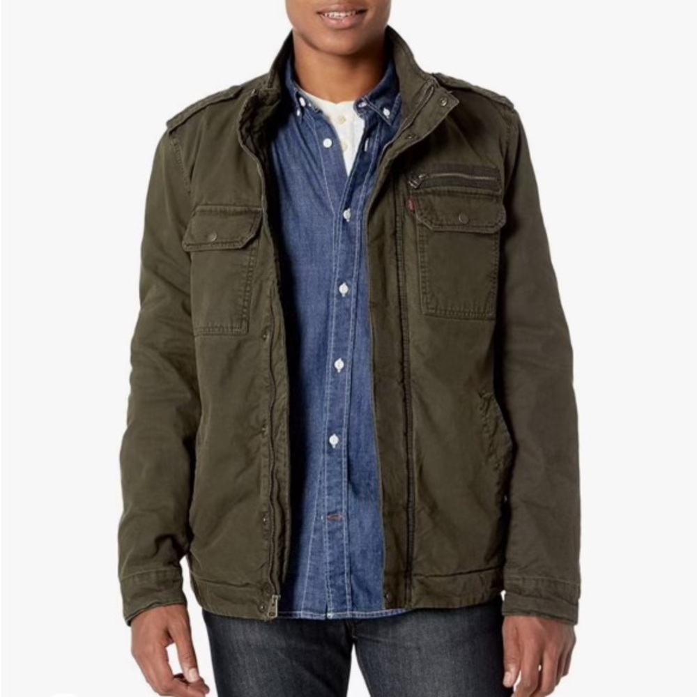 Levis Military Style Jacket Canvas Multi Pockets Size XXL Hidden Hoodie